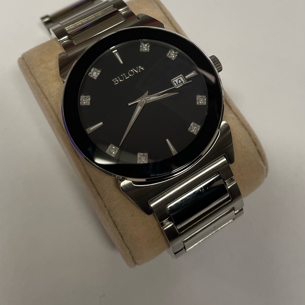 BULOVA DIAMOND ACCENT BLACK DIAL STAINLESS STEEL MEN'S WATCH 96D121